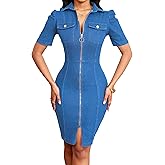 SeNight Women Denim Dresses Elegant Sexy Short Sleeve Jean Party Dress