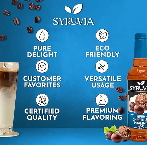 SYRUVIA SUGAR-FREE CHESTNUT PRALINE COFFEE SYRUP – 25.4 FL OZ. PREMIUM COFFEE FLAVORING SYRUP. 0 CALORIES, KOSHER, AND GLUTEN-FREE. PERFECT FOR ENHANCING DRINKS, SODAS, SHAKES, DESSERTS, AND MORE.
