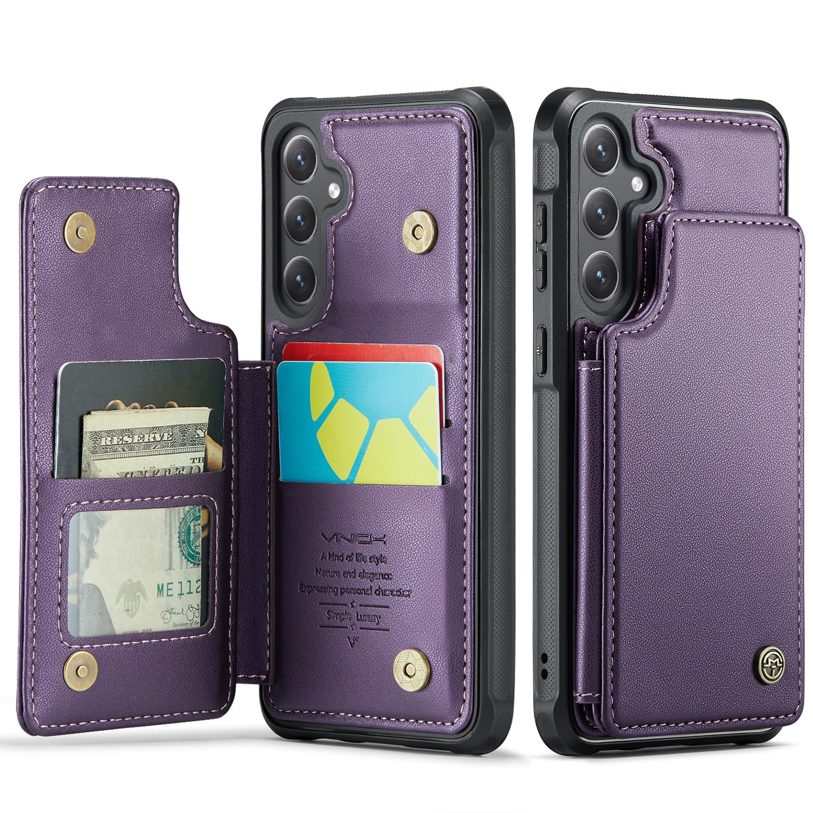 Photo 1 of Vinich for Samsung Galaxy S25 Wallet Case with Card Holder, RFID Blocking Credit Slots Kickstand Shockproof Phone Cover for Women Men, Purple