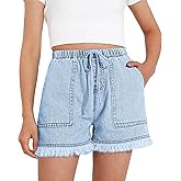 BOOPH Little Girls Jean Shorts Denim Elastic Waist Drawstring Shorty Shorts for Teen Girls