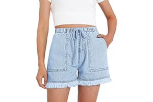 BOOPH Little Girls Jean Shorts Denim Elastic Waist Drawstring Shorty Shorts for Teen Girls