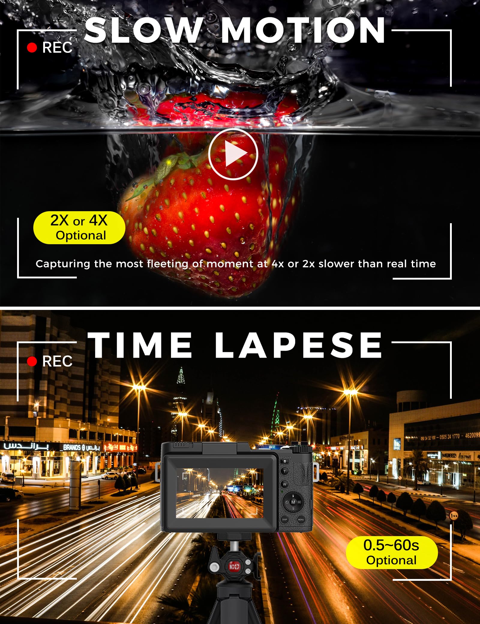 Digital Camera 4K 48MP Camera for Photography with Flip Screen Autofocus Vlogging Camera for YouTube with Selfie Light, Mini Tripod Accessories, Two Batteries