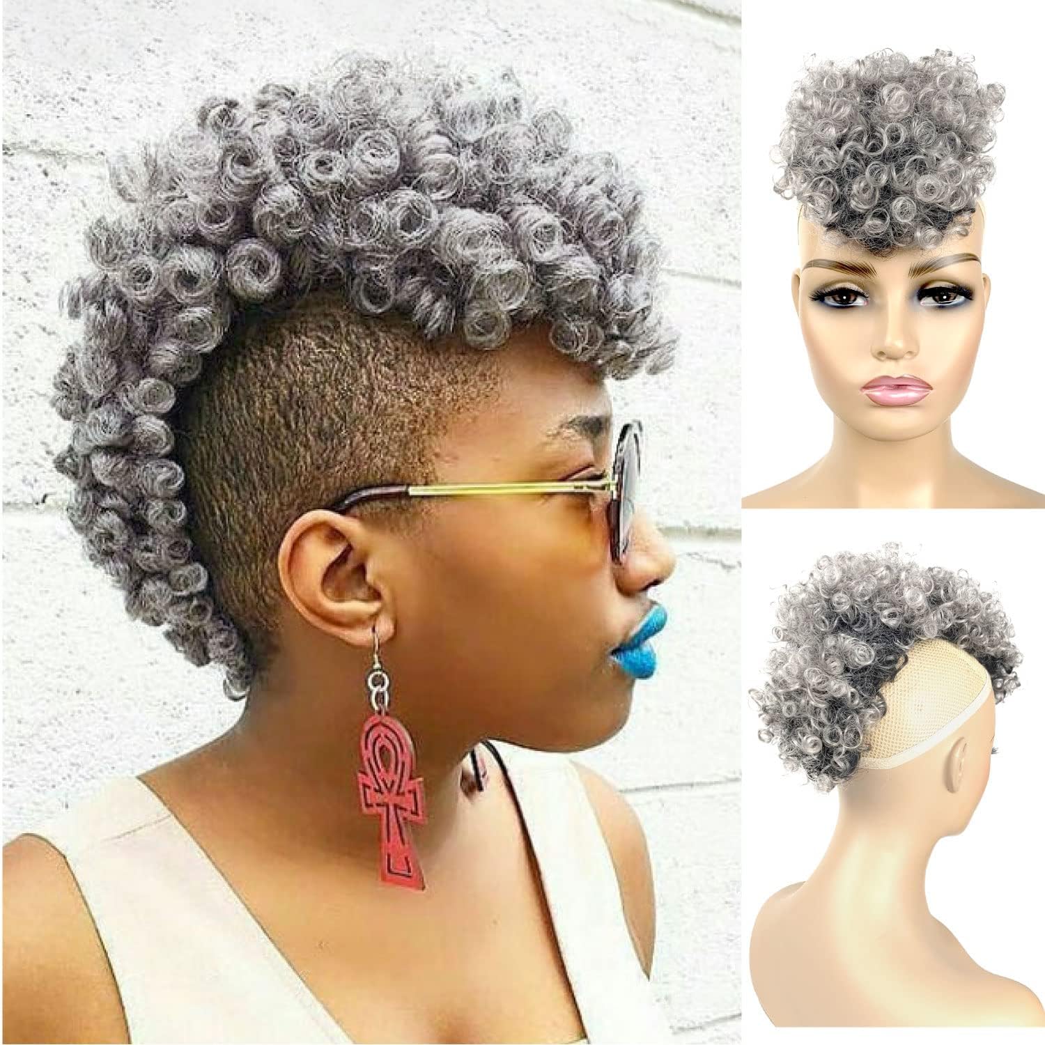 Afro Puff Mohawk Ponytail Short Afro Kinky Curly Hair Bun Warp Hair Extensions with 6 BB Clips Jerry Curly Non Drawstring Ponytail Clip in Synthetic Fauxhawks Afro Puff Bun with Bangs(T1B/Grey)