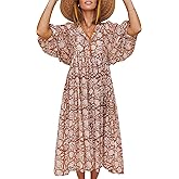 Casual Summer Dresses for Women Swing Floral Half Open Collar Boho Puff Sleeve Loose Midi Beach Dress