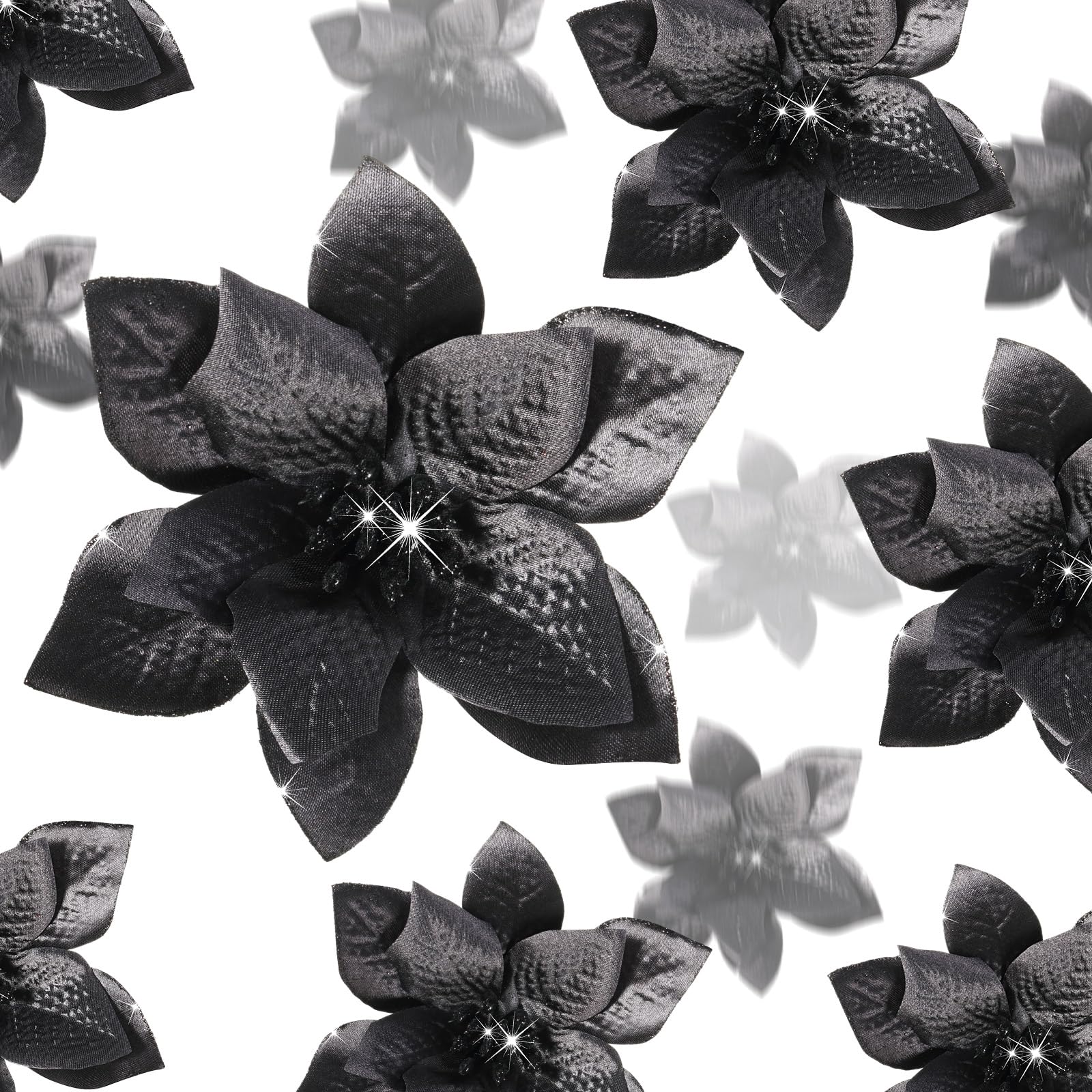 Cindeer 36 Pcs 3 Size Christmas Tree Decorations Poinsettias Artificial Flowers Ornaments Glitter Faux Christmas Flowers with Clips for Xmas New Year Home Wedding Outdoor, 4", 6" and 9" (Black)