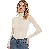 Women's Turtleneck Top Long Sleeve Slim Fit Shirts Mesh Sheer See Through Casual Top