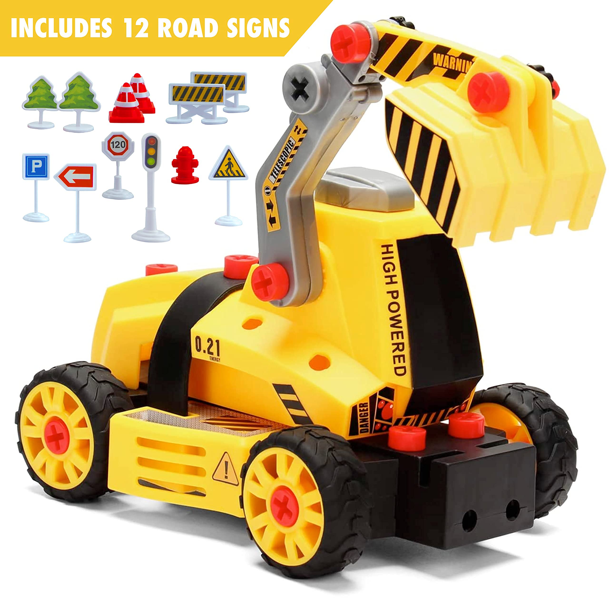 7-in-1 Take Apart Construction Toys 84pcs DIY Engineering Playset with Electric Drill, Play Mat, and Road Signs, Push & Go STEM Learning Bundle w/Lights, Sounds for Early Education, Boys and Girls 4+