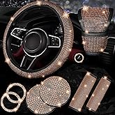 NBTEPEM 8 pcs Bling Car Accessories Set for Women, Steering Wheel Cover, Sparkly Seat Belt Covers, Bling Gear Shift Cover, Universal Fit Most Cars (Gold Champagne Diamond)