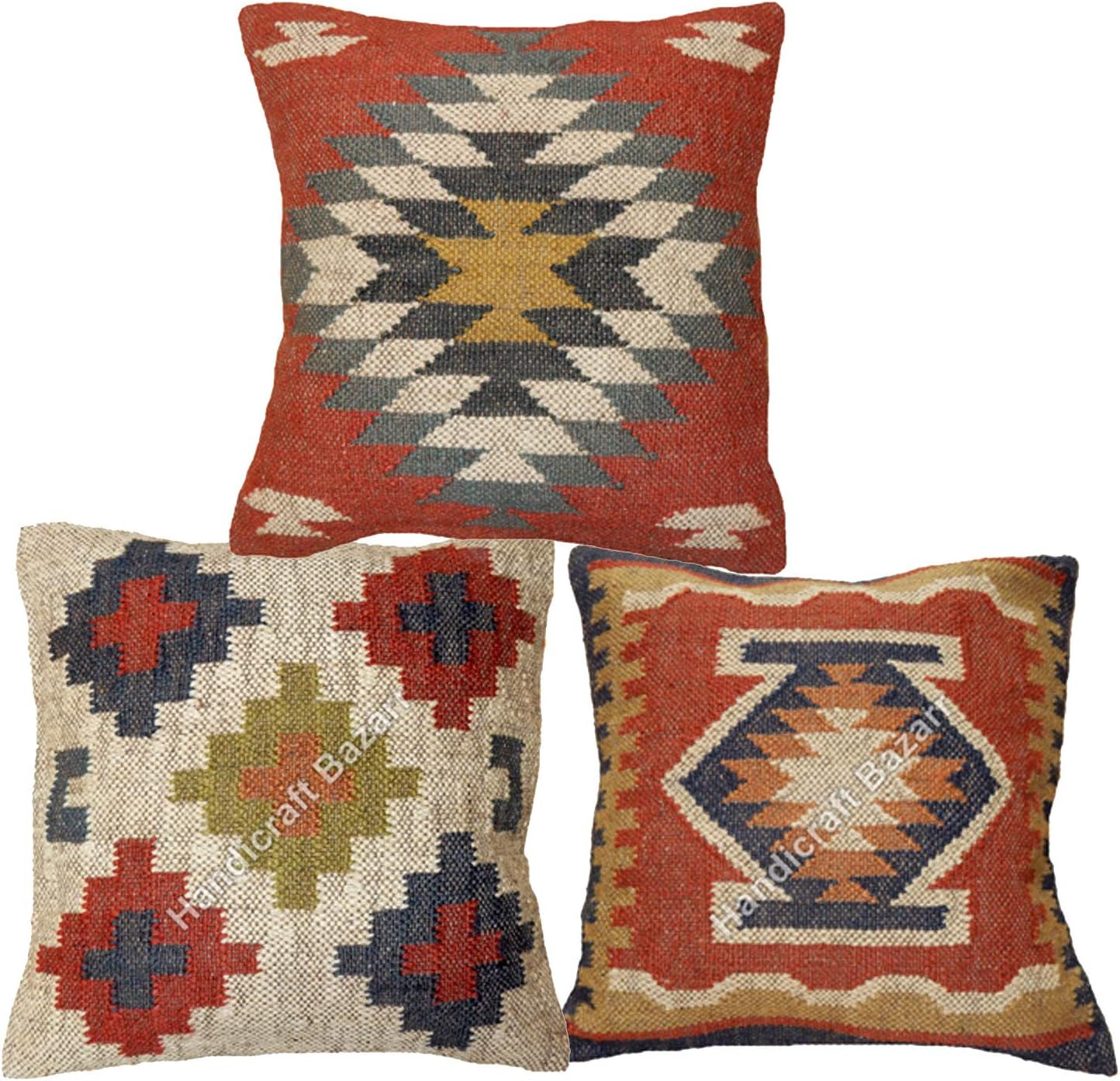 Handicraft Bazarr Pillow Wool Jute Cushion Case Handmade Pillow Set of 3 Indian Jute Cushion Throw Killim Decorative Floor Zipper Pillow Handwoven Home Sofa Cushion Case
