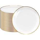 FOCUSLINE 100 Count Gold Plastic Plates 10.25 Inch, Disposable Heavy Duty Dinner Plates, Premium Hard Plastic Plate Fancy Disposable White Plate with Gold Rim