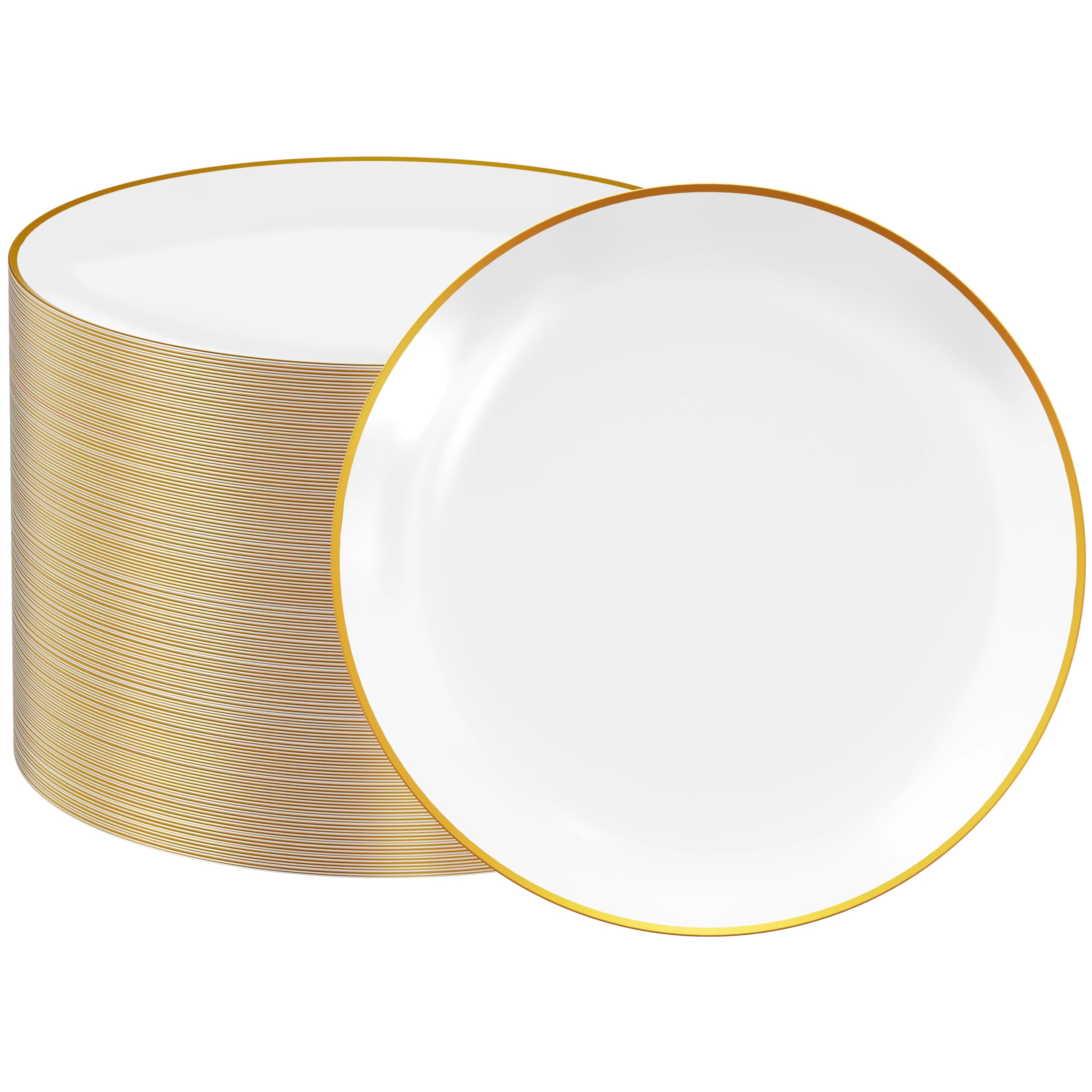 Photo 1 of FOCUSLINE 100 Count Gold Plastic Plates 10.25 Inch, Disposable Heavy Duty Dinner Plates, Premium Hard Plastic Plate Fancy Disposable White Plate with Gold Rim