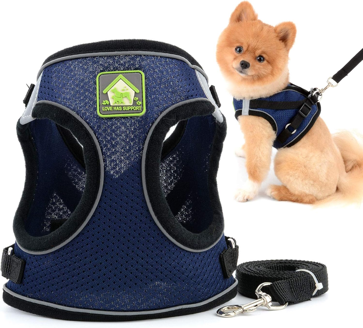 SMALLLEE_LUCKY_STORE Soft Mesh Step-in Small Dog/Cat Harness and Lead Set for Walking Reflective Puppy Vest Harness Outdoor Training,Navy Blue,Size S