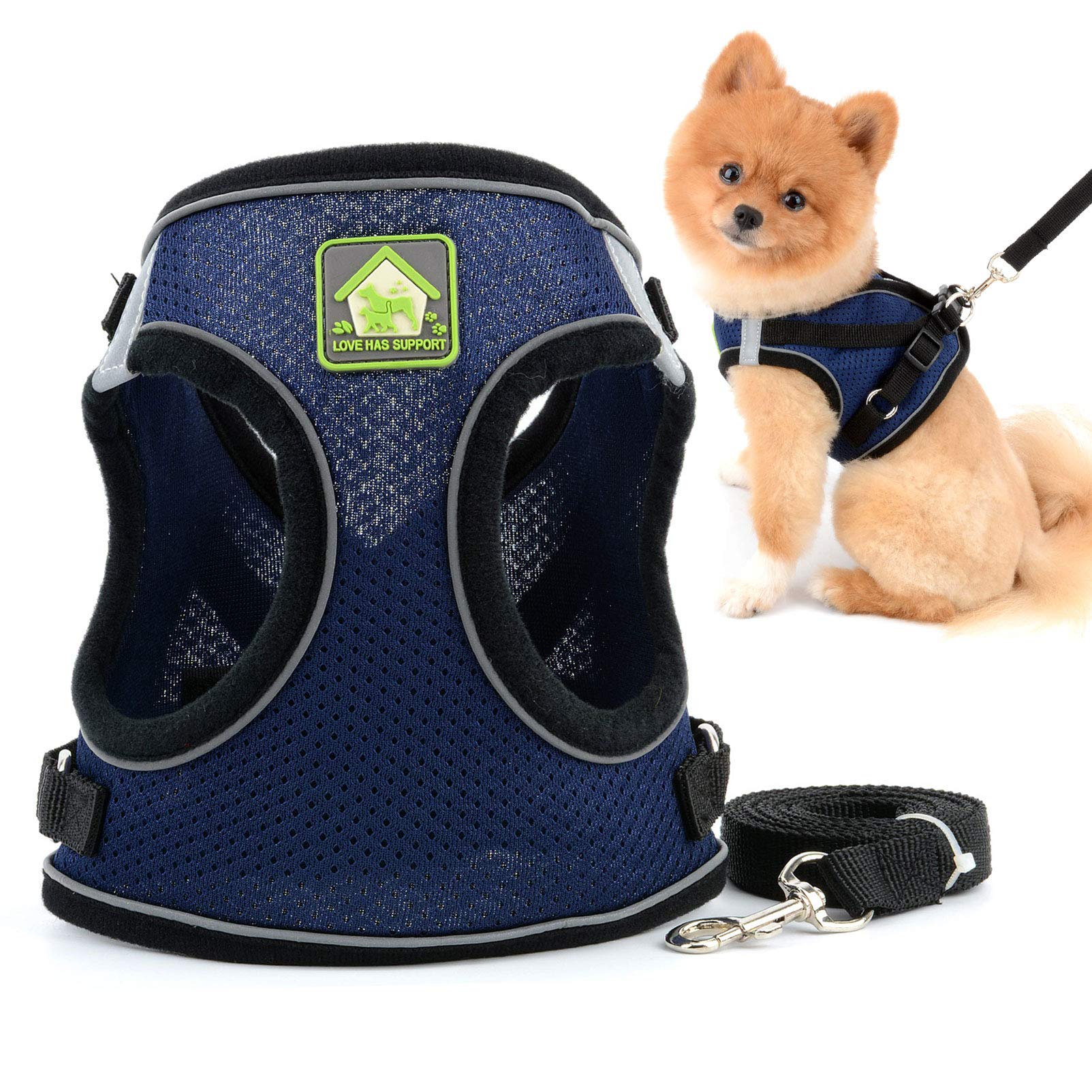 SMALLLEE_LUCKY_STORE Soft Mesh Step-in Small Dog/Cat Harness and Lead Set for Walking Reflective Puppy Vest Harness Outdoor Training,Navy Blue,Size M