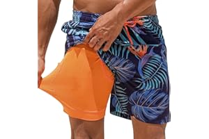 ELETOP Mens Swim Trunks with Compression Liner 5.5" Swim Shorts 2 in 1 Quick Dry Beach Shorts with Zipper Pockets