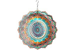 LJLIFART Wind Spinner Mandala Blessedness 12 inch 3D Stainless Steel Worth Gift Laser Cut Hanging Wind Spinners Metal Kinetic Yard Art Decorations Indoor/Outdoor Décor