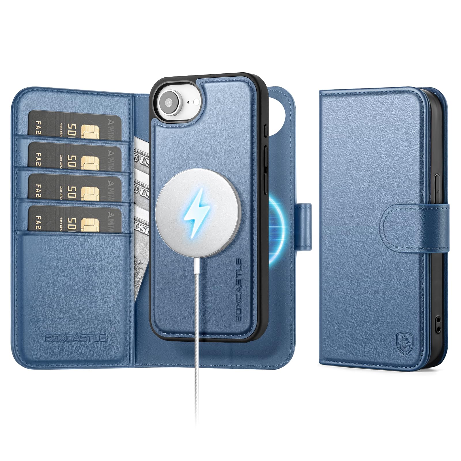 BoxCastle Magnetic 2 in 1 Detachable Compatible with Magsafe iPhone 17e / 16e Genuine Wallet Case with Card Holder,Women Men Real Leather Flip RFID Blocking Credit Card Slots Stand Cover,Light Blue