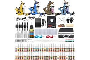 SOLONG TATTOO Solong Complete Tattoo Kit 4 Pro Machine Guns 54 Inks Power Supply Foot Pedal Needles Grips Tips Carry Case TK456-US（Machine color random）
