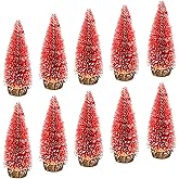 10pcs 4inch Mini Christmas Tree Bottle Brush Trees Chrismas Village Trees Ornaments Mini Plastic Christmas Trees with Wooden Base for Christmas Decoration Miniature Chrismas Tree (Red)