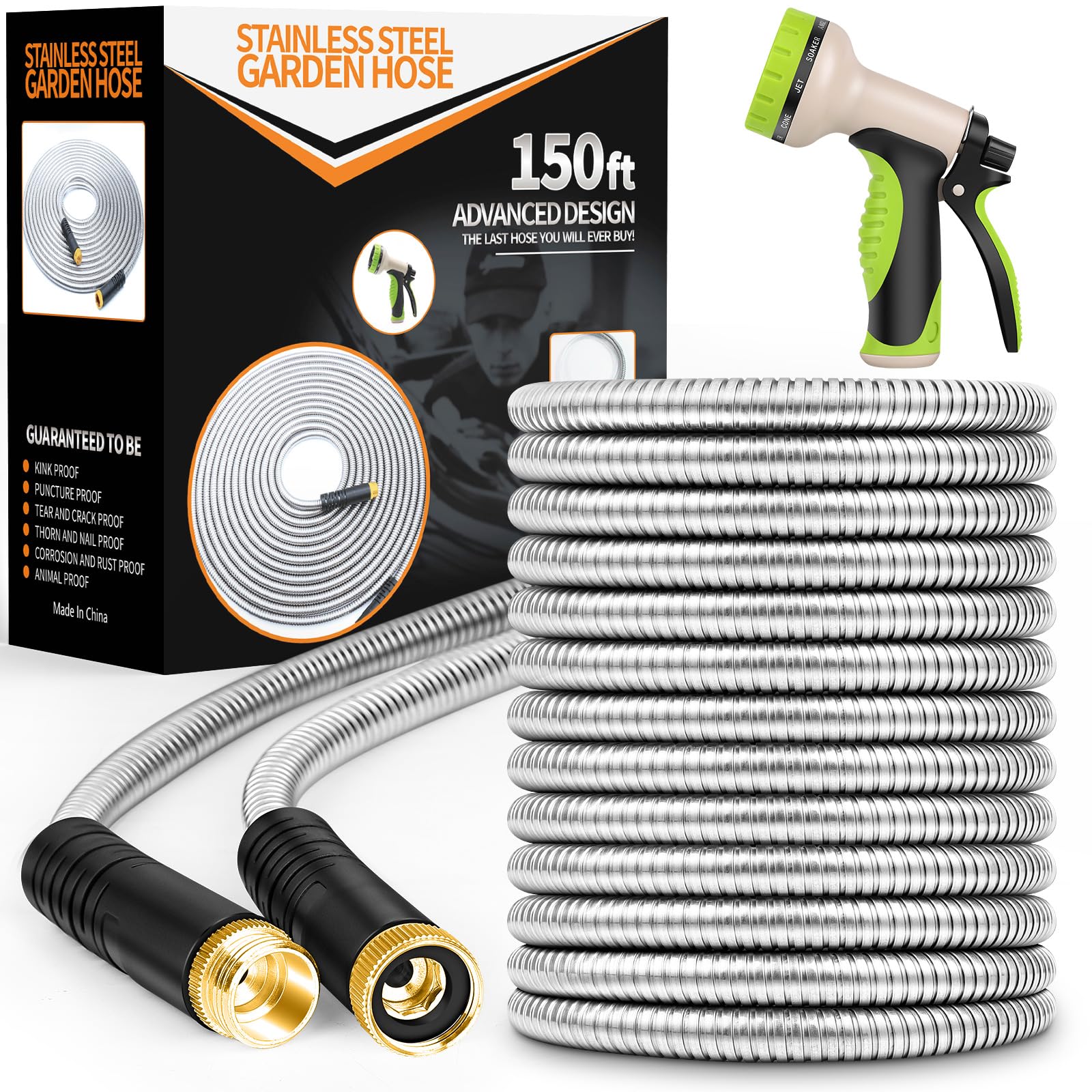 Garden Hose 150ft, Metal Stainless Steel Water Hose with 10 Function Nozzle Flexible, Lightweight, Kink-Free, Pet Proof, Puncture Proof Hose for Yard, Outdoor Image