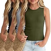 Langyiwee 3 Pack Girls Ribbed Tank Tops 5-14y Crew Neck Sleeveless Shirts Kids Stretch Tight Knit Summer Camisole Undershirts