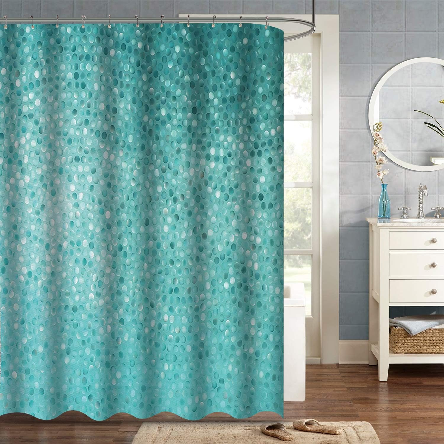 VVA Turquoise Dots Fabric Shower Curtain, Small Dot Rows on Tile Pattern, Simple Shape and Classical Creative Mosaic Fun Design, Cloth Bathroom Decor Set with Hooks, 72" Long, Turquoise Blue