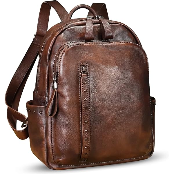 Genuine Leather Backpack Vintage Western Daypack College Bag Rivet Details Leather Backpack For Women Genuine Leather Backpack Purse  main image 3
