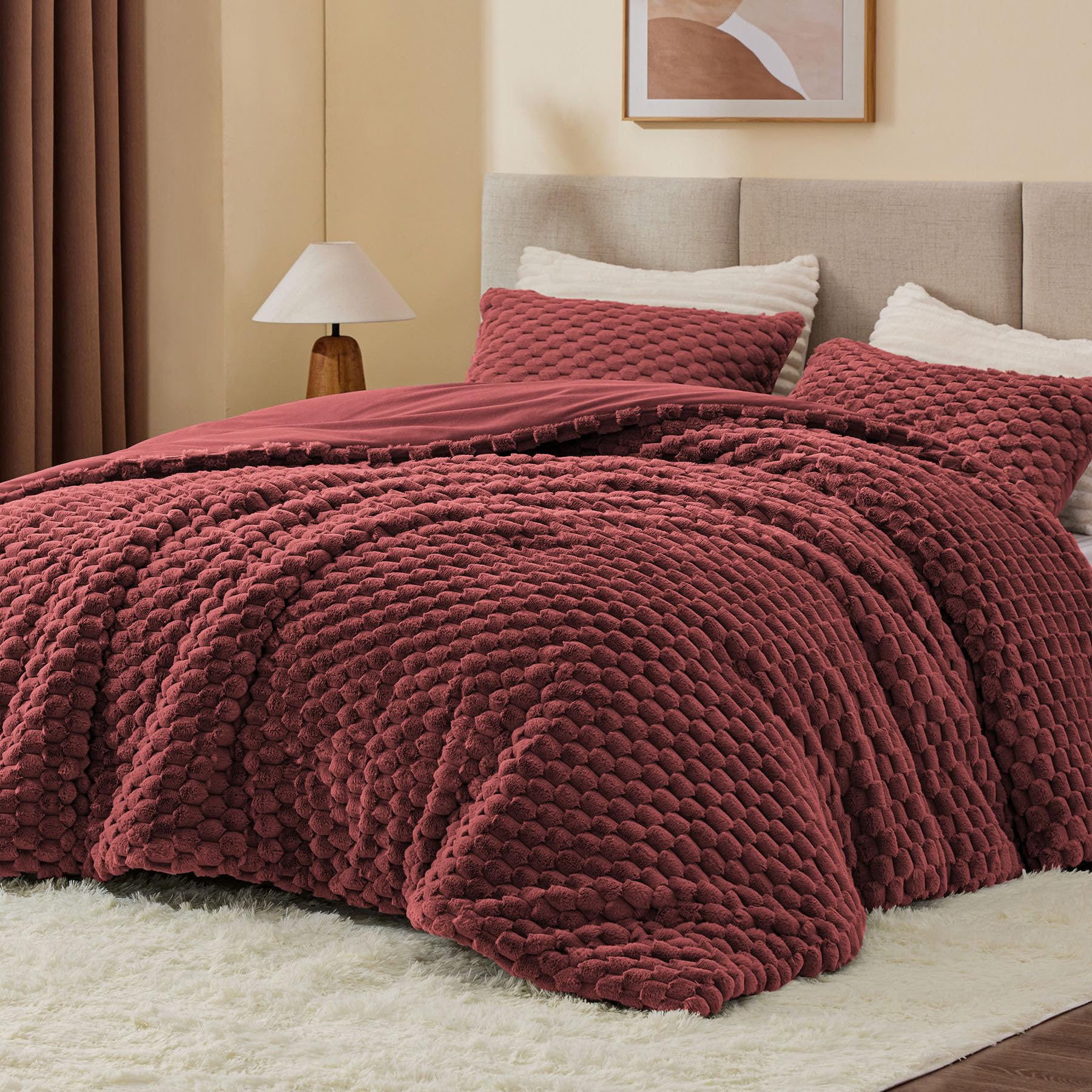 BEDELITE Fluffy Queen Comforter Set - Burgundy Fleece Soft Comforter for Queen Size Bed, Luxury Warm Bedding Set for Winter, Fuzzy Bed Set 3 Pieces (1 Comforter, 2 Pillowcases) Image