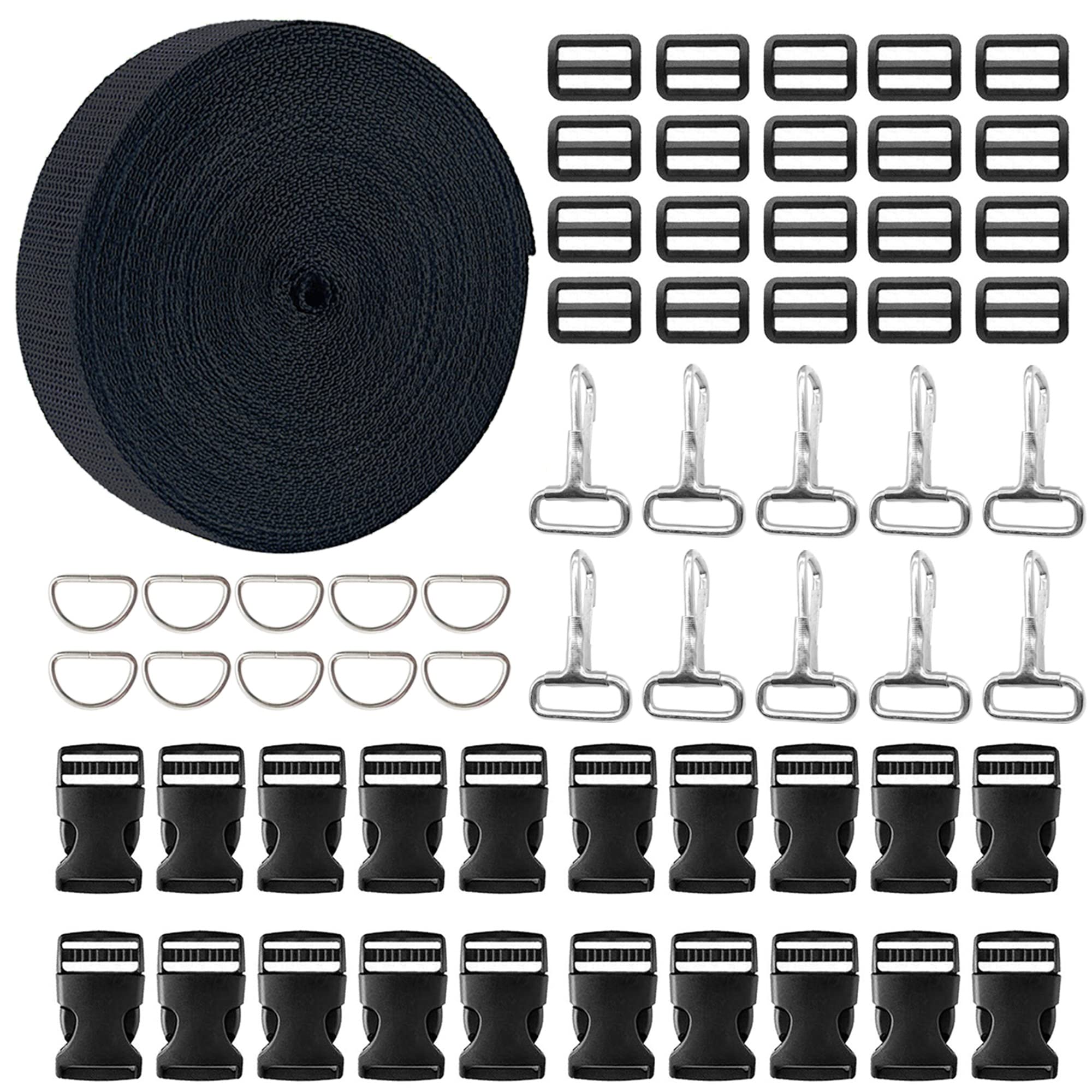 Woohome 20 Set Black Plastic Flat Side Release Buckles and Tri-Glide Slides with 17 Yards Nylon Webbing Straps, 10 Set D Rings and Snap Hooks for Luggage Straps Belt Handles Pet Collar