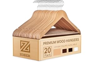 ZOBER Wooden Hangers - 20 Pack, Heavy Duty, Non Slip Wood Hangers for Coats, Jackets, Suits, & Pants - Clothes Hangers for Closet W/Bar and Notches