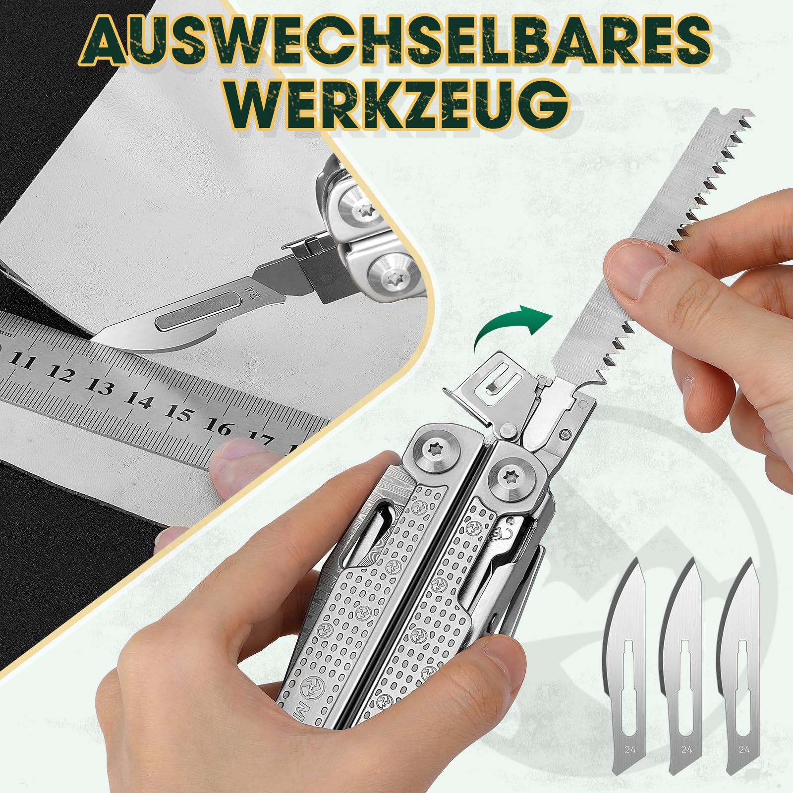 Multper Multitool Werkzeug, Geschenke für Männer, Aufgerüstetes Multi Tool Edelstahl Faltbares mit Damastmesser, Drahtschneider und Schraubendreherset, Multifunktionszange für Outdoor und Camping 6