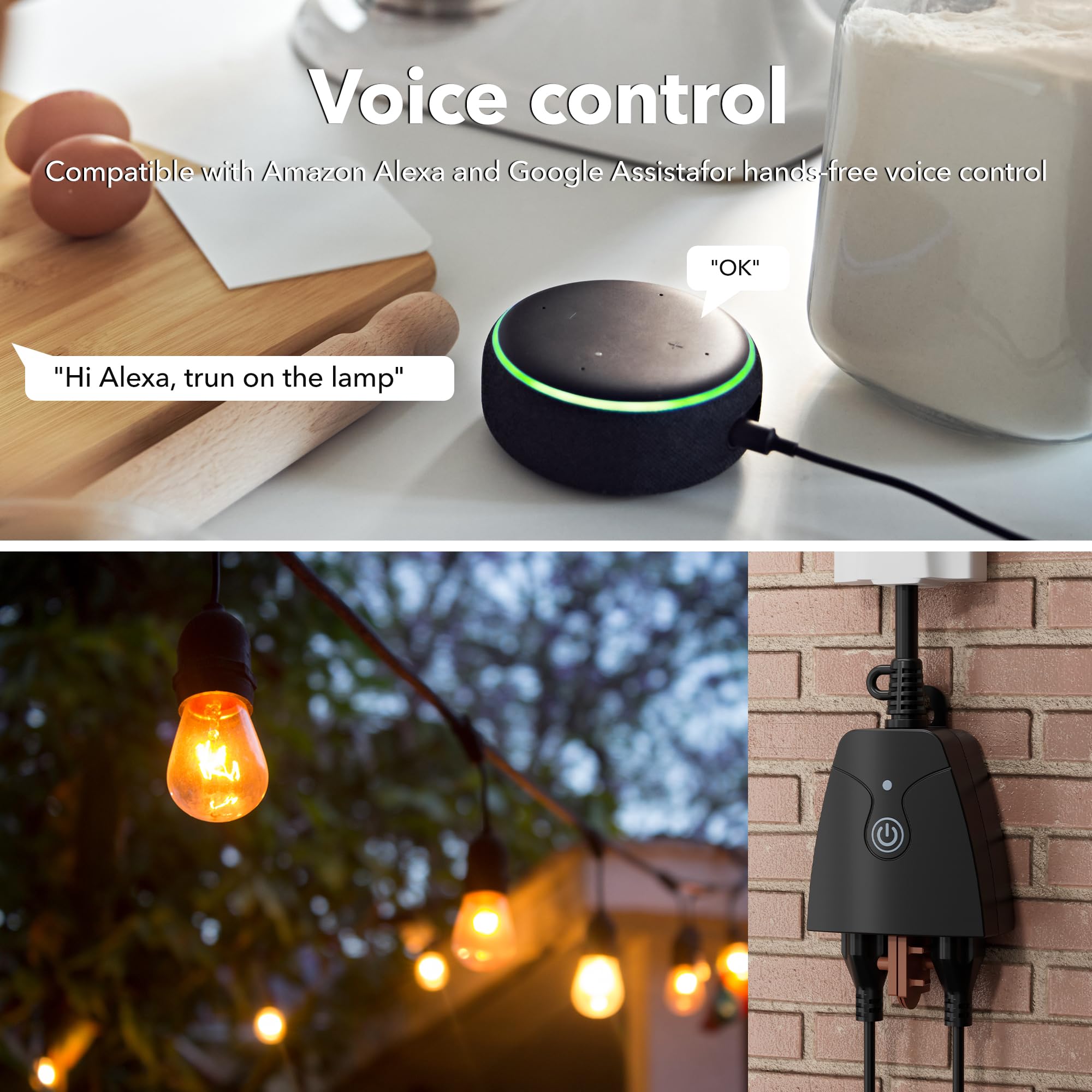 Outdoor Smart WiFi Plug, HBN Heavy Duty Wi-Fi Timer with Two Grounded Outlet, Wireless Remote Control by App Compatible with Alexa and Google Home Assistant 2.4 GHz Network only, ETL Listed (1 Pack) - View 4