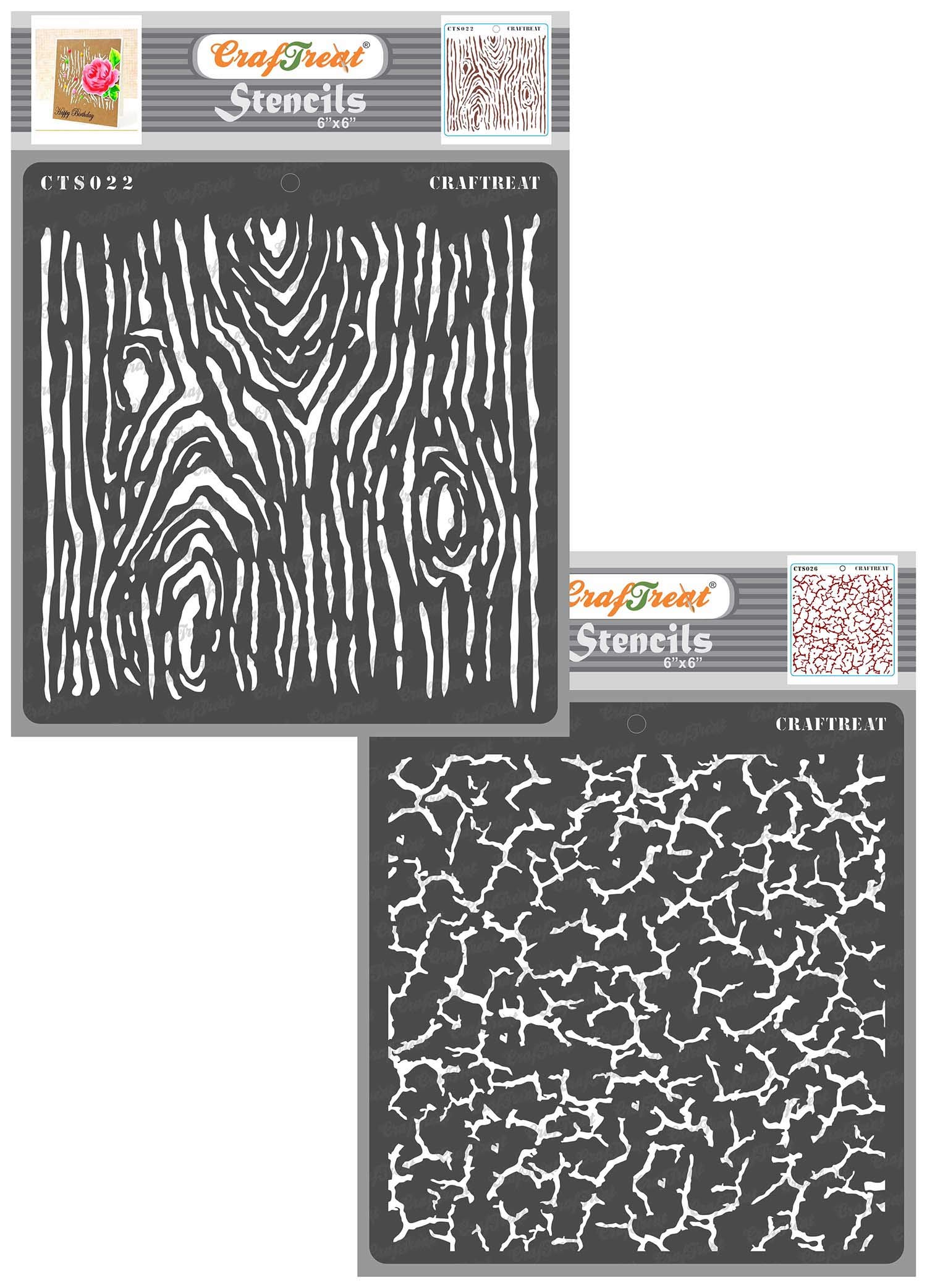 CrafTreat Reusable Woodgrain & Crackle Stencils for Painting on Wood, Canvas, Paper, Fabric, Wall & Tile - 2 Pcs - 6x6 Inch Each - DIY Art & Craft Stencils