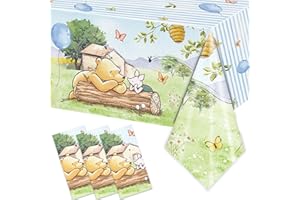 FOLNESH 3PCS Blue Winnie Bear Baby Shower Tablecloths, Birthday Party Decorations Boys Birthday Winnie Bear Tablecloths Party Supplies -54x108IN