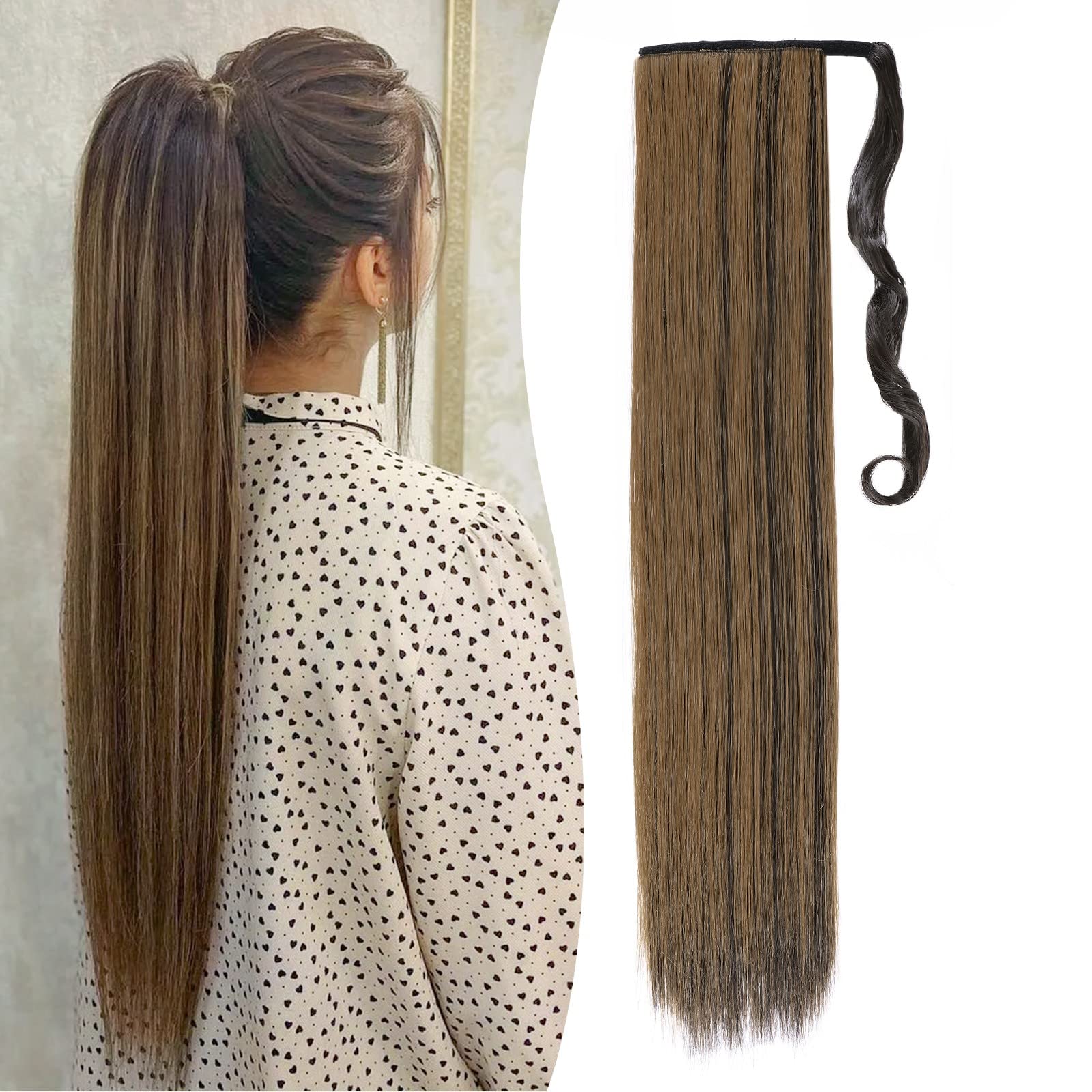 Benehair Ponytail Extension 32 Inches Long Wrap Around Ponytail Hair Extension Straight Synthetic Braid Extensions Clip in Hairpiece for Women Dark Brown/Goln Auburn — image 1