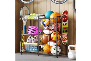Sports Equipment Organizer, Ball Storage Rack with Elastic Straps and Removable Basket for Garage Organization, Organizer wit