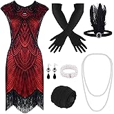 PLULON 1920s Dresses for Women, Sequin Fringed Gatsby Flapper Cocktail Dresses with 20s Accessories Set, Roaring 20s Costumes