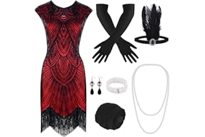 PLULON 1920s Dresses for Women, Sequin Fringed Gatsby Flapper Cocktail Dresses with 20s Accessories Set, Roaring 20s Costumes