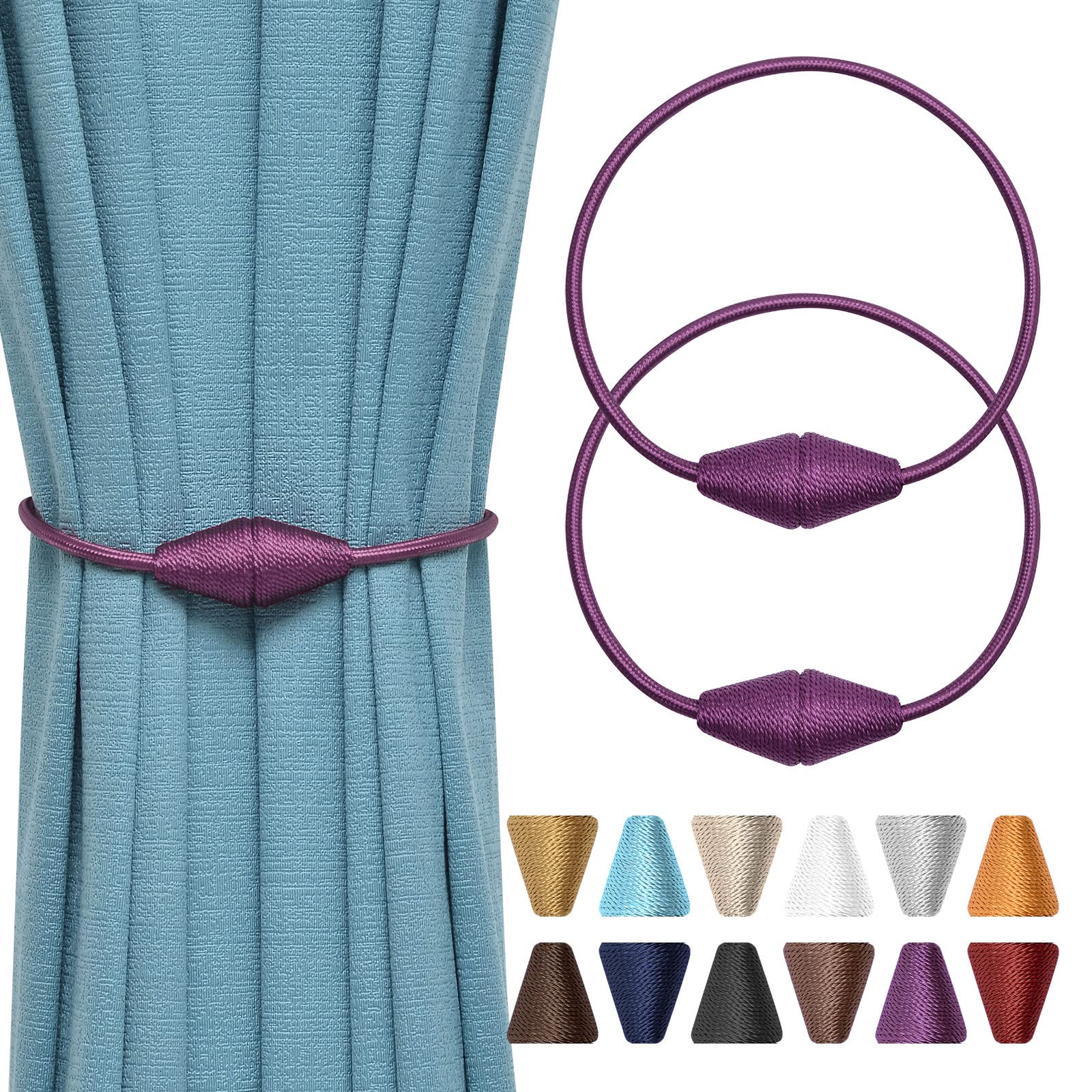 Pretty Jolly 2 Pack Upgrade Magnetic Curtain Tiebacks Handmade Weave Rope Curtain Holdbacks Convenient Decorative Cone Curtain Drape Tie Backs for Home & Office Window Drapery (Purple)