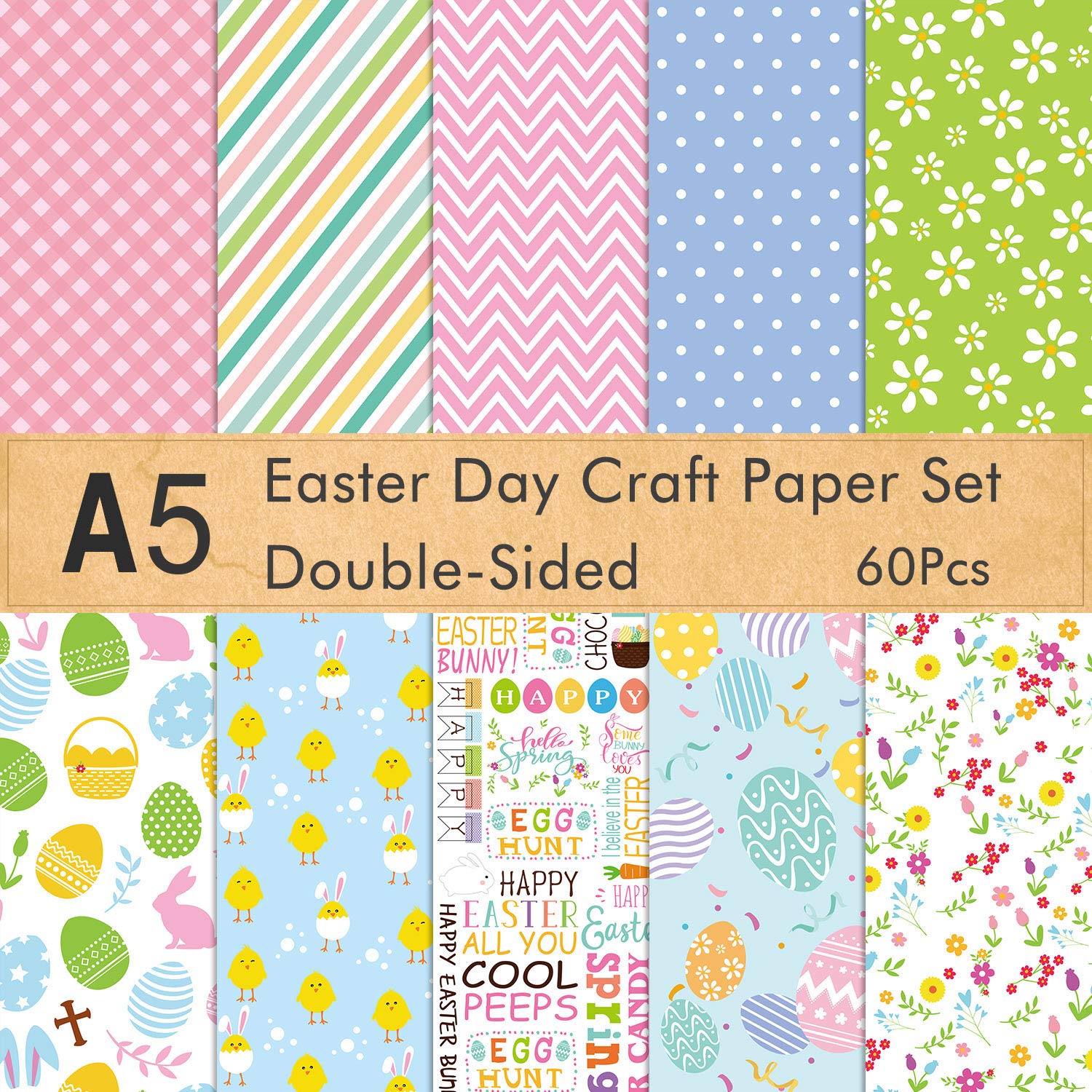 FEPITO 60 Pcs Easter Decorative Paper Set A5 Size Craft Paper for Easter Card Making Scrapbook Decoration, Double Side 10 Patterns