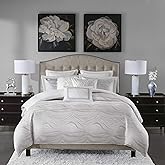 Madison Park Signature Glam Cozy Comforter Set - All Season Bedding Combo Filled Insert and Removable Duvet Cover, Shams, Decorative Pillows, Metallic White King(110"x96") 10 Piece