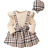 Eaerobc Infant Baby Girl Fall Outfit Ruffle Sleeve Romper Plaid Suspender Skirt Sets Layered Dress with Hat