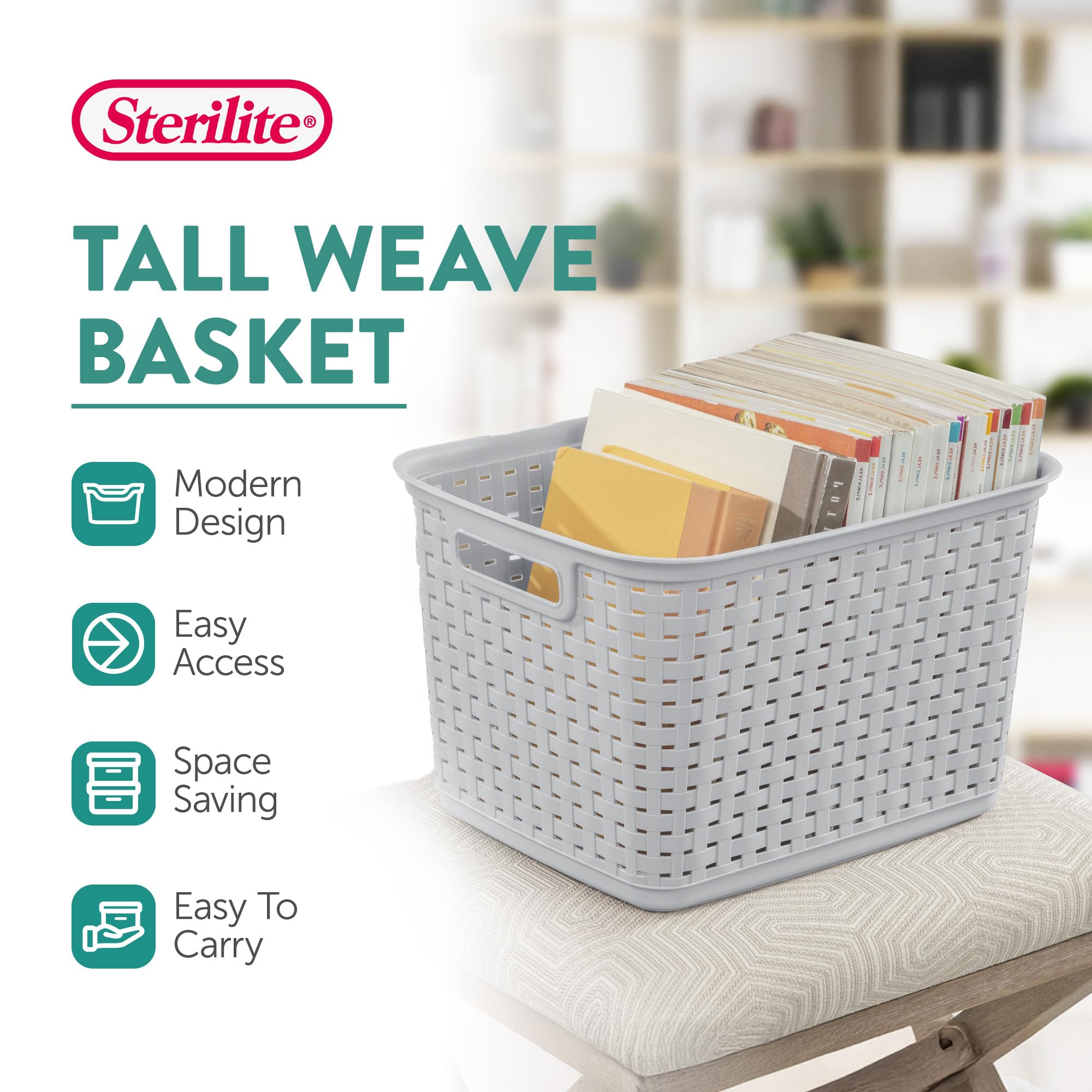 Sterilite 6-Pack Tall Weave Basket, Wicker-Style Plastic Open Storage Bin, Cement Gray - Multi-Purpose Decorative Organizer for Laundry Area, Shelves, Closets, Pantries, Living Rooms or Offices