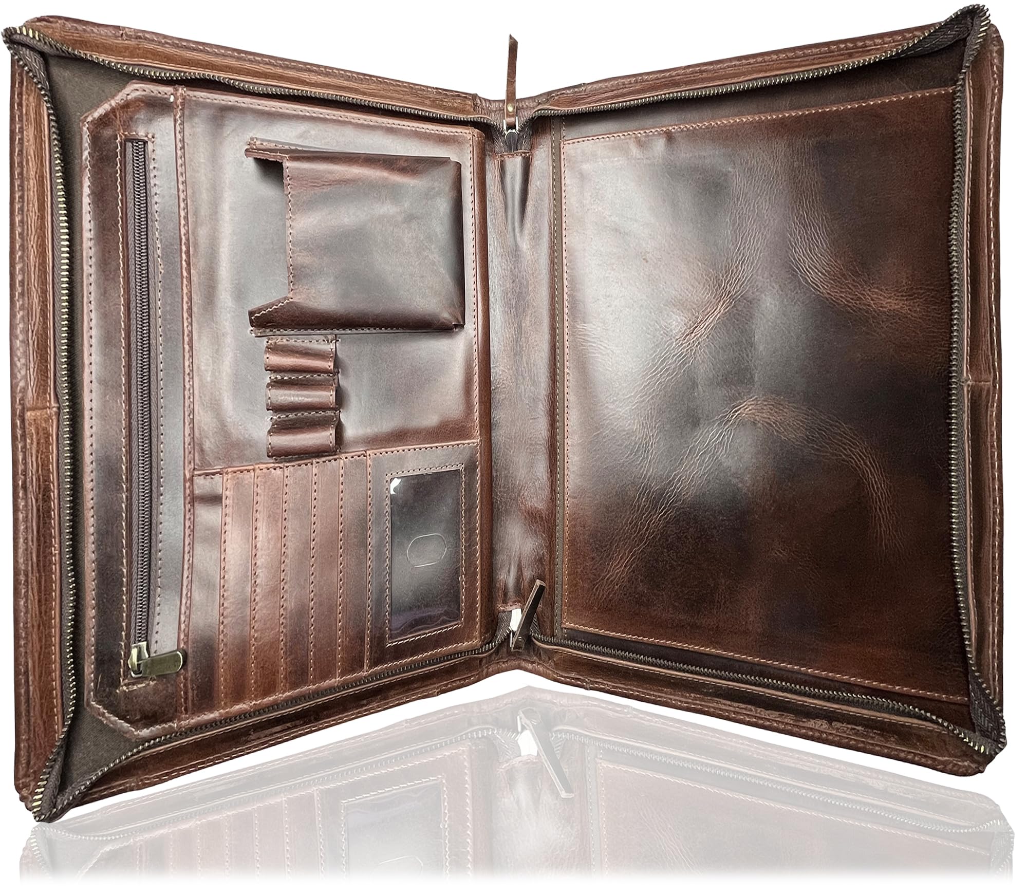 Rustic Town Leather Document Holder A4 Portfolio Conference Folder - Zipper Padfolio Organiser - Travel Business Certificate Folder with Pen & Card Slots for Men & Women