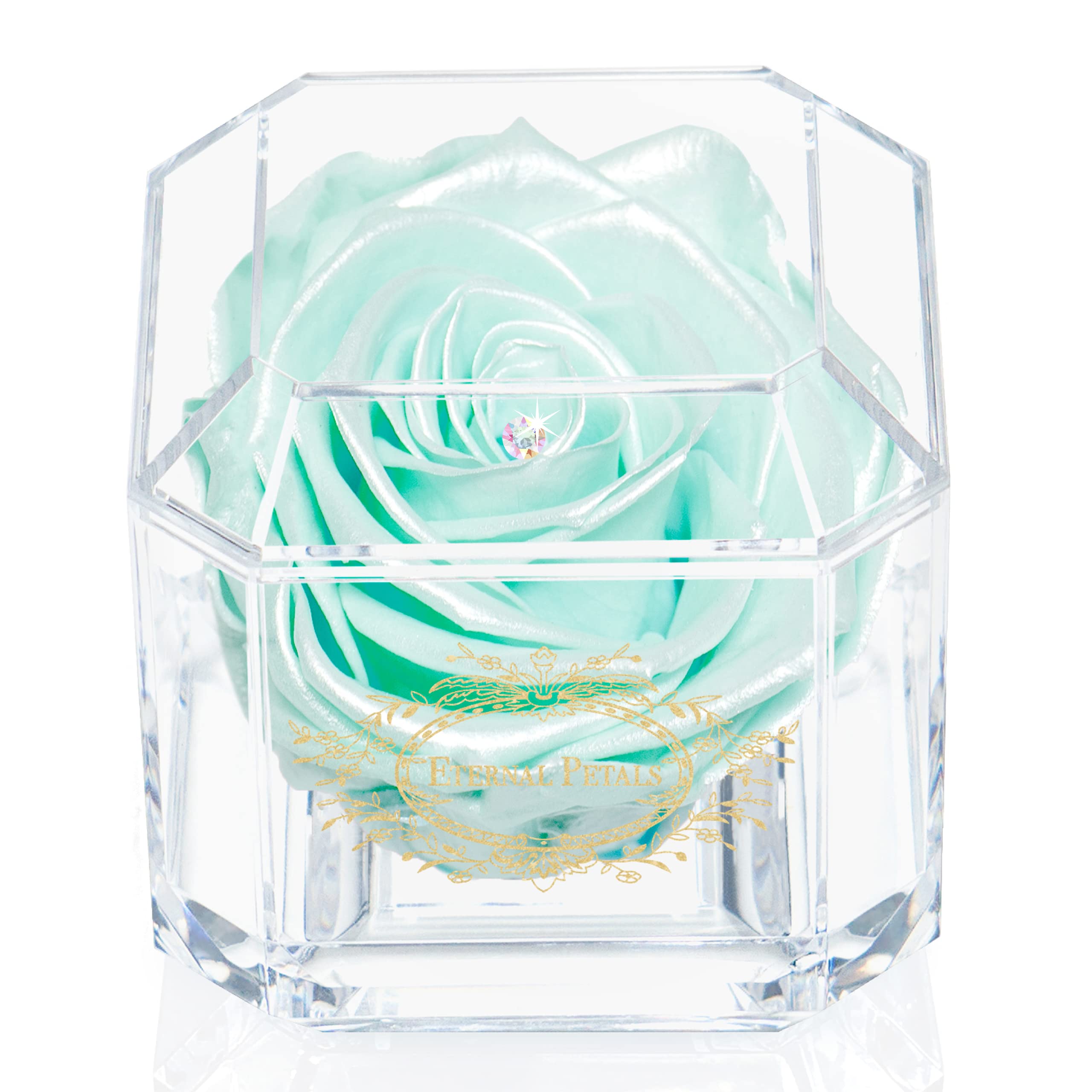 Eternal Petals A 100% Real Rose That Lasts Years, Handmade in UK – Gold Solo with A Multicolour Crystal (Tiffany Satin)
