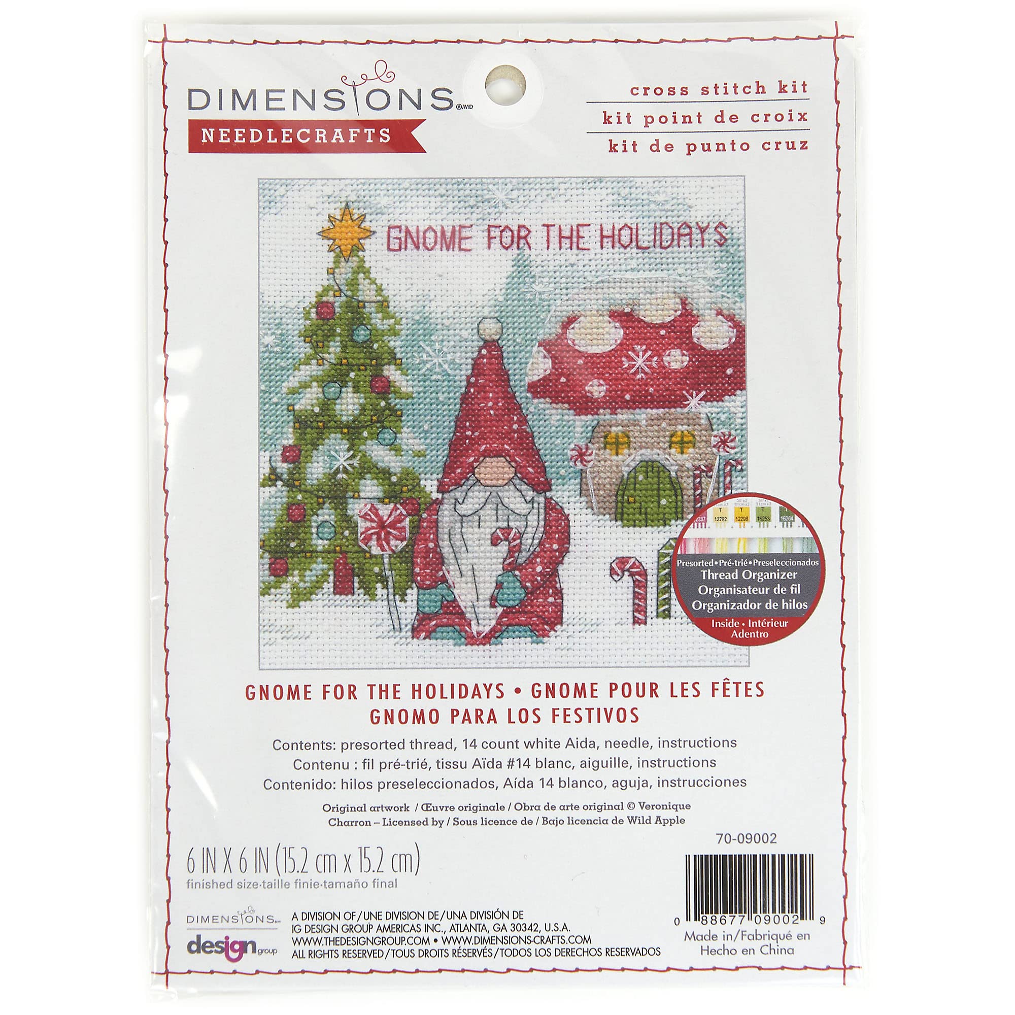 Dimensions - Counted Cross Stitch Kit - Gnome for The Holidays - 70-09002 - Arts and Crafts for Adults - 14 Count Aida - 6 x 6 inch