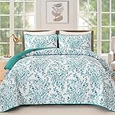 WONGS BEDDING Quilt Queen Size, Teal Quilt Bedding Set with 2 Pillowcases, Botanical Quilt for Queen Bed, Soft Microfiber Lightweight Coverlet Bedspread for All Season (96"×90", 3 Pieces)