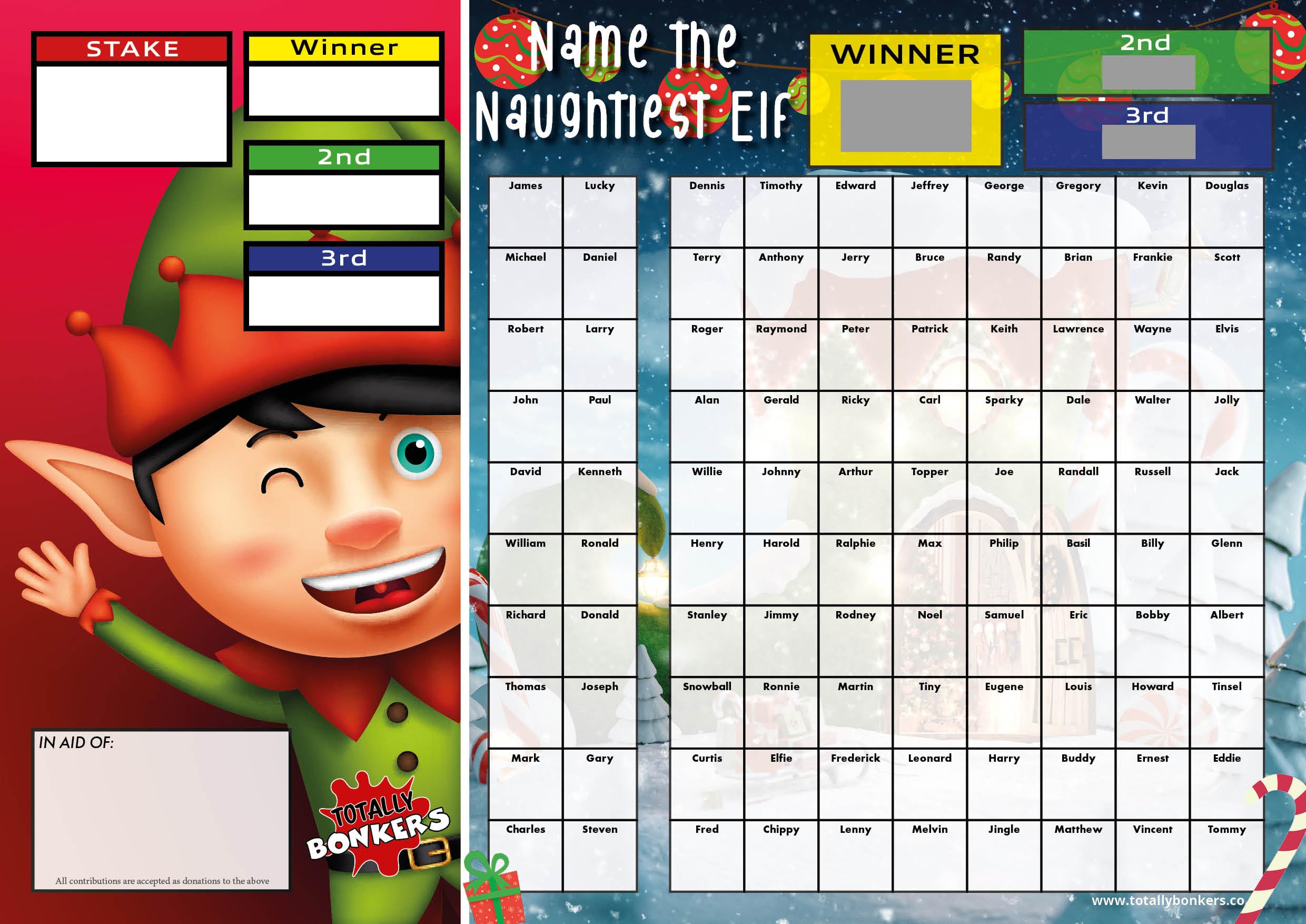Totally Bonkers - Christmas Elf x3 Winners Fundraising Scratch Cards - 100 SQUARE - A3 (420x297mm) - 1 Card - TB0122 - Blind Card