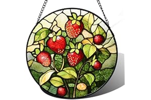 HWRHTR Stained Glass Window Hanging - Red Strawberry Suncatcher for Doors Window Home Green Plant Sun Catchers Decor Christmas Mother's Day Birthday Gifts for Teacher Women Men Mom Nana 6.3 in