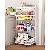 UMDONX 4-Tier Kitchen Storage Cart Metal Snack Cart Adjustable Fruit Basket on Wheels Stand Baskets for Potato Onion Produce White
