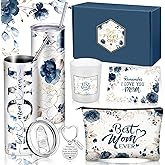 Chuangdi 6 Pcs Christmas Gifts Set for Mom Wife Best Mother Ever Gift Ink Floral 20oz Tumbler Cosmetic Bag Scented Candle Keychain from Son Daughter for Birthday Christmas Mother's Day(Dark Blue)